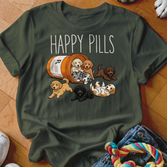 Various puppies spill out of a pill bottle with the text "Happy Pills" above.