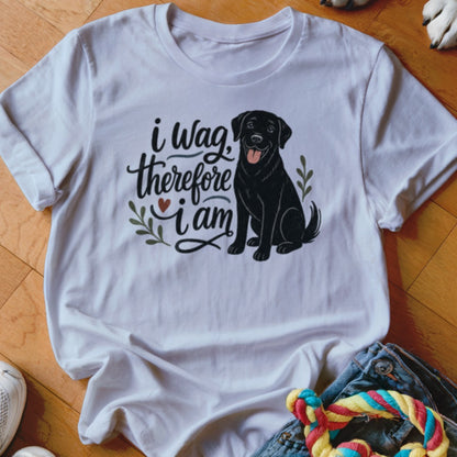 White t-shirt with black labrador and text "i wag therefore i am".