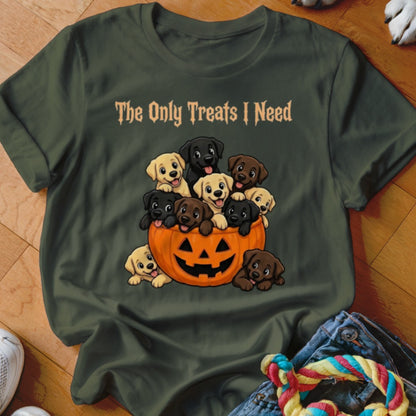 Labrador puppies spilling out of a pumpkin with text "The Only Treats I Need."