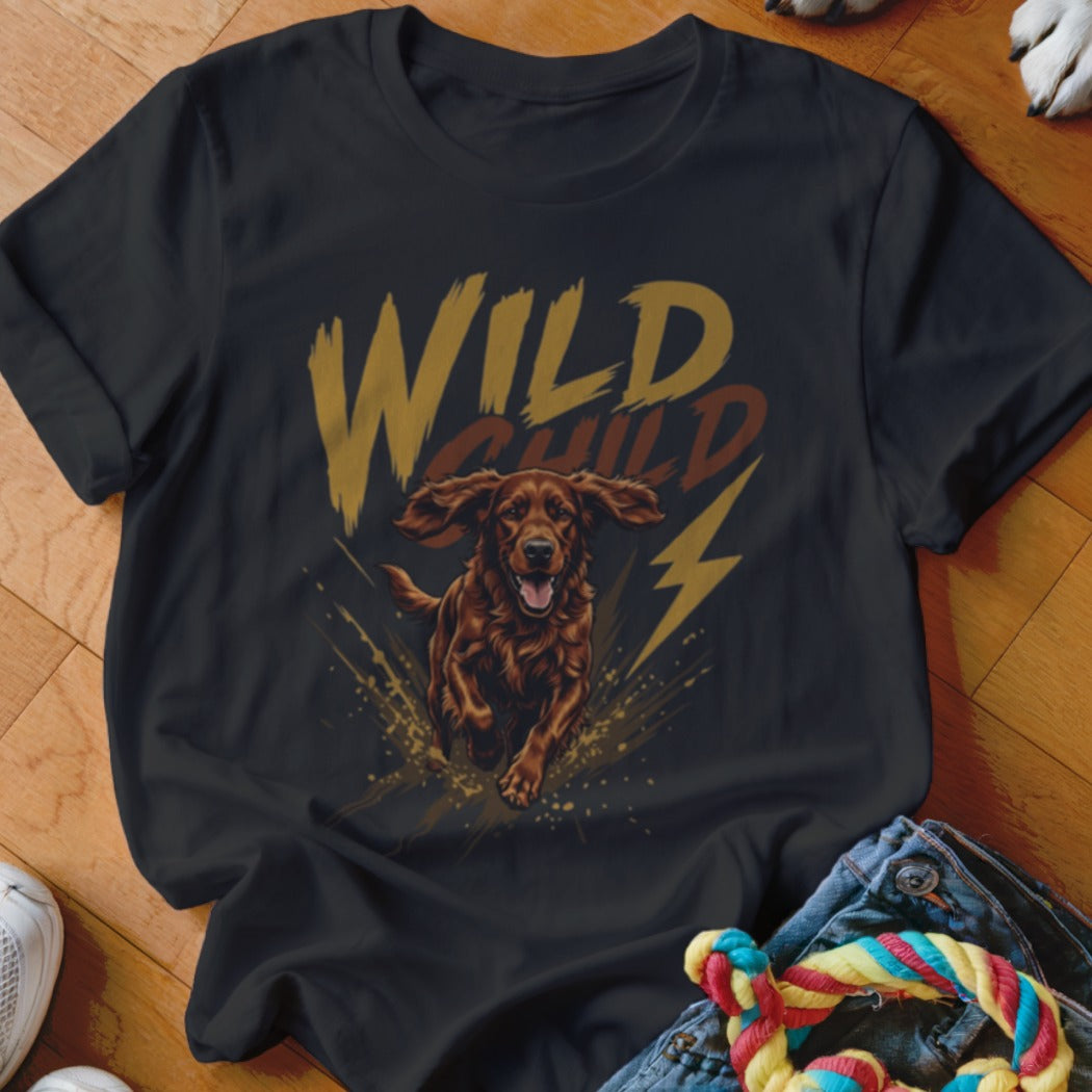 Black t-shirt featuring a graphic of a running brown dog, lightning bolt, and the text WILD CHILD.