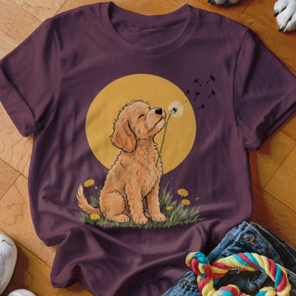 Maroon t-shirt featuring a cartoon illustration of a fluffy golden puppy blowing dandelion seeds.