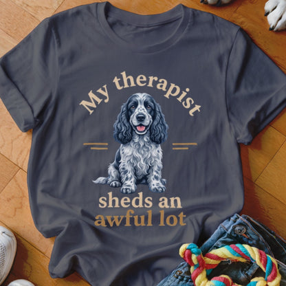 Gray t-shirt with black and white cocker spaniel graphic and text.