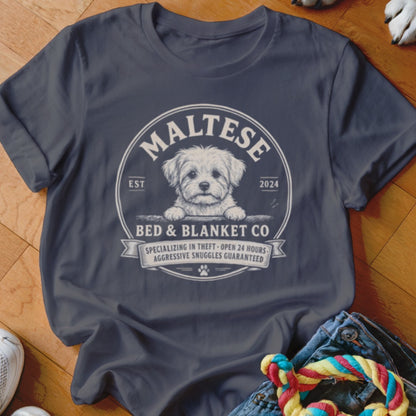 Dark grey t-shirt with Maltese puppy and "Bed & Blanket Co." text.