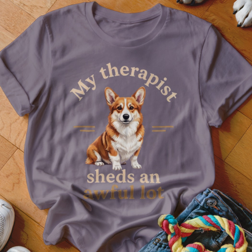 T-shirt with a corgi and text "My therapist sheds an awful lot."