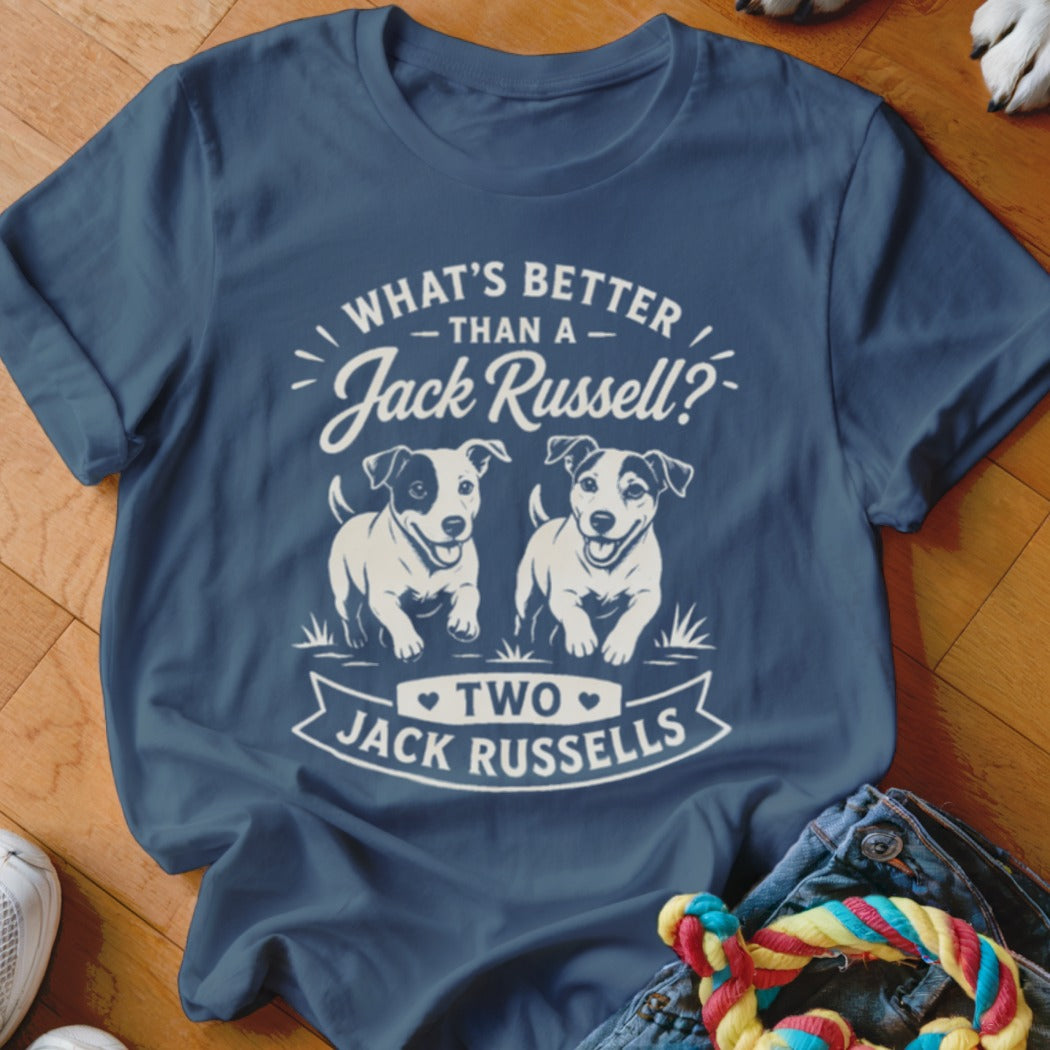 T-shirt with text and two Jack Russell puppies.