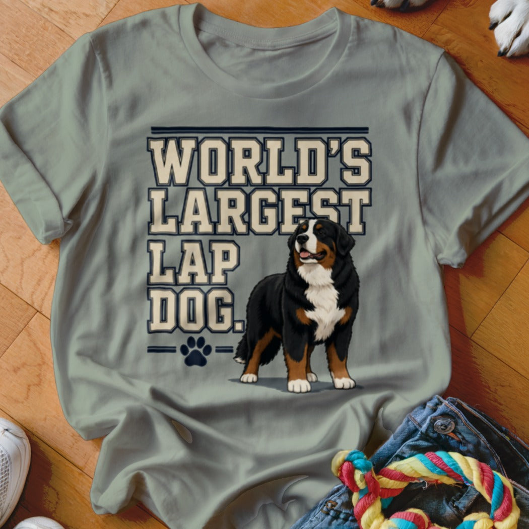 Light grey t-shirt with "World's Largest Lap Dog" and a Bernese Mountain Dog illustration.