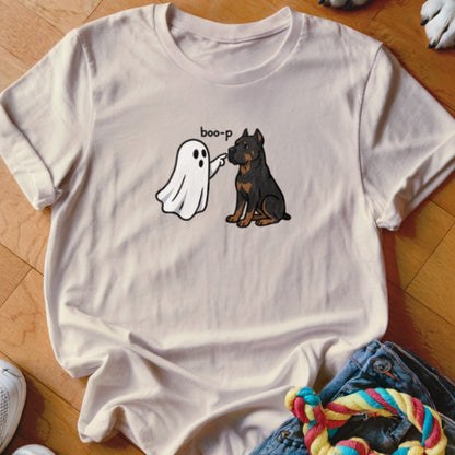 Ghost with text "boo-p" booping a black and tan dog on shirt.