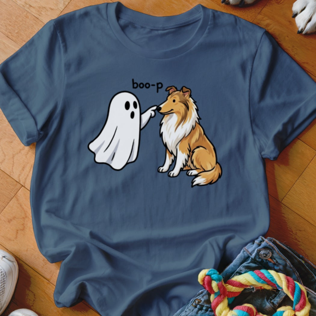 Cartoon ghost booping a sitting collie dog with text "boo-p" above.