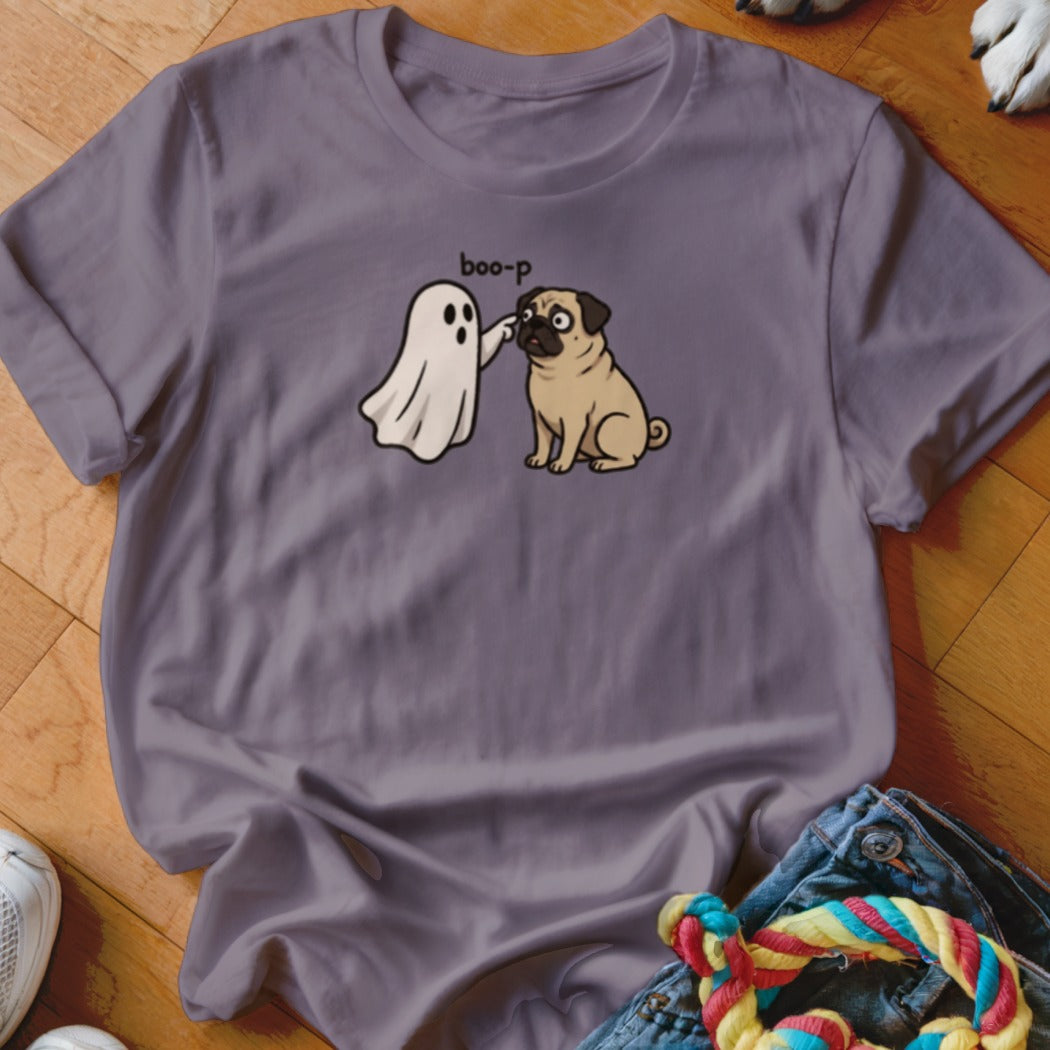 Ghost playfully boops surprised pug with text "boo-p".