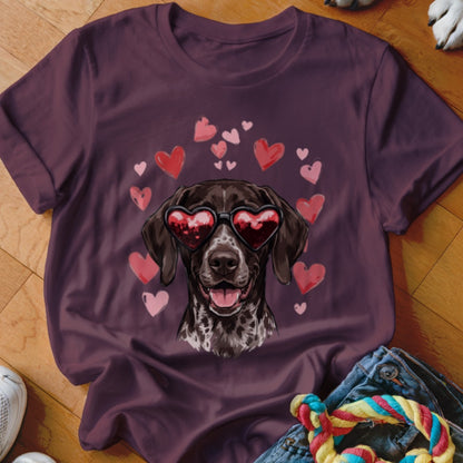 Maroon crew neck t-shirt featuring a graphic of a German Shorthaired Pointer wearing heart-shaped sunglasses surrounded by pink and red hearts.