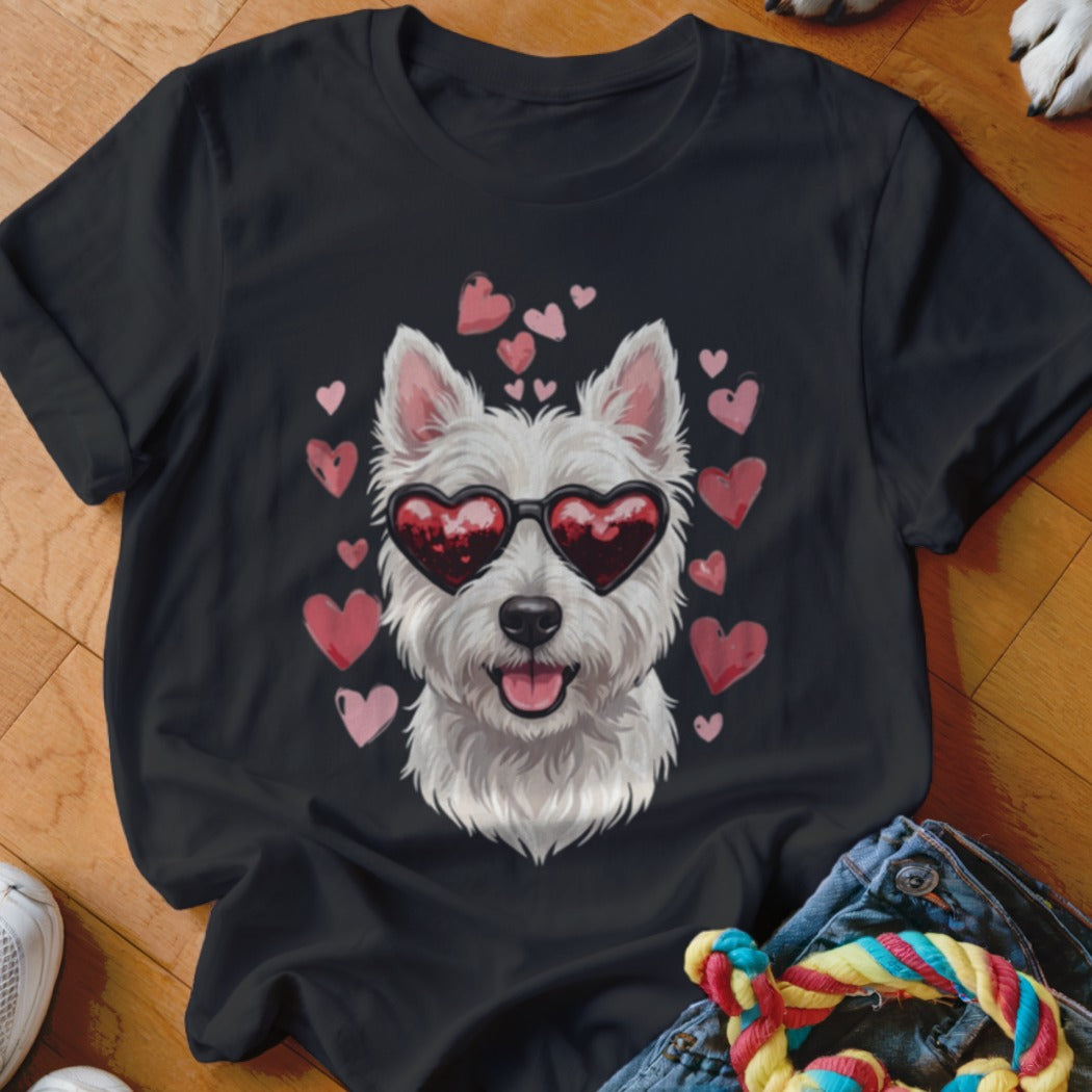 Black t-shirt featuring a graphic of a white Westie wearing heart-shaped sunglasses surrounded by pink hearts.