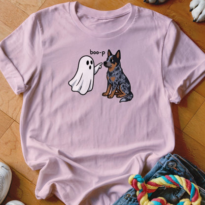 Pink t-shirt with a cartoon ghost saying "boo-p" to a blue heeler dog.