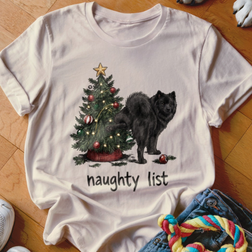 Black dog by Christmas tree with "naughty list" text.