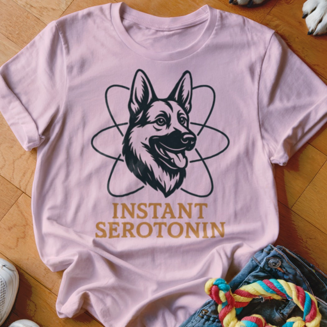 Pink t-shirt with German Shepherd portrait and "Instant Serotonin" text.