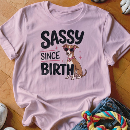 Pink t-shirt with a dog wearing sunglasses and the text "Sassy Since Birth".