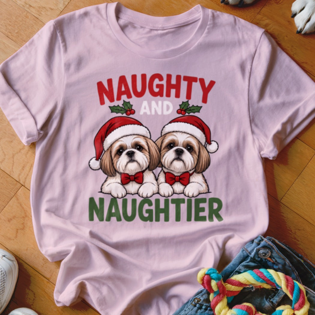Light pink t-shirt with "NAUGHTY AND NAUGHTIER" text and two Shih Tzu dogs.