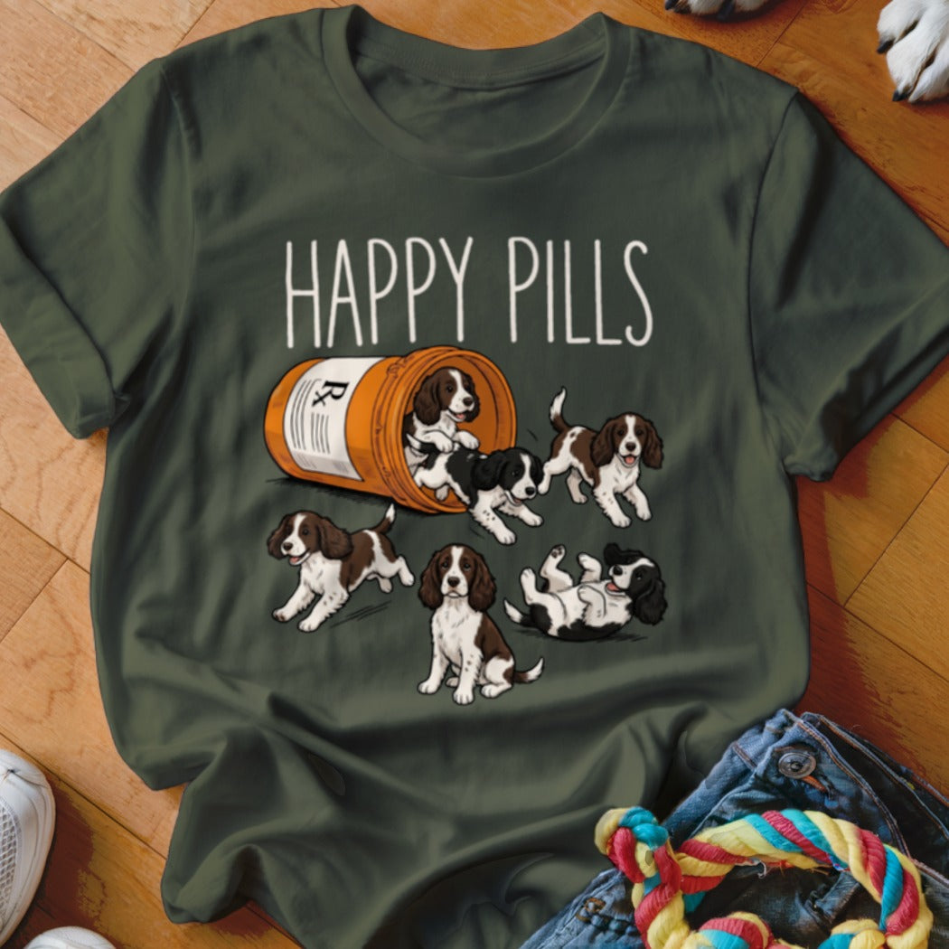 Springer Spaniel puppies spill from a pill bottle labeled "Happy Pills".