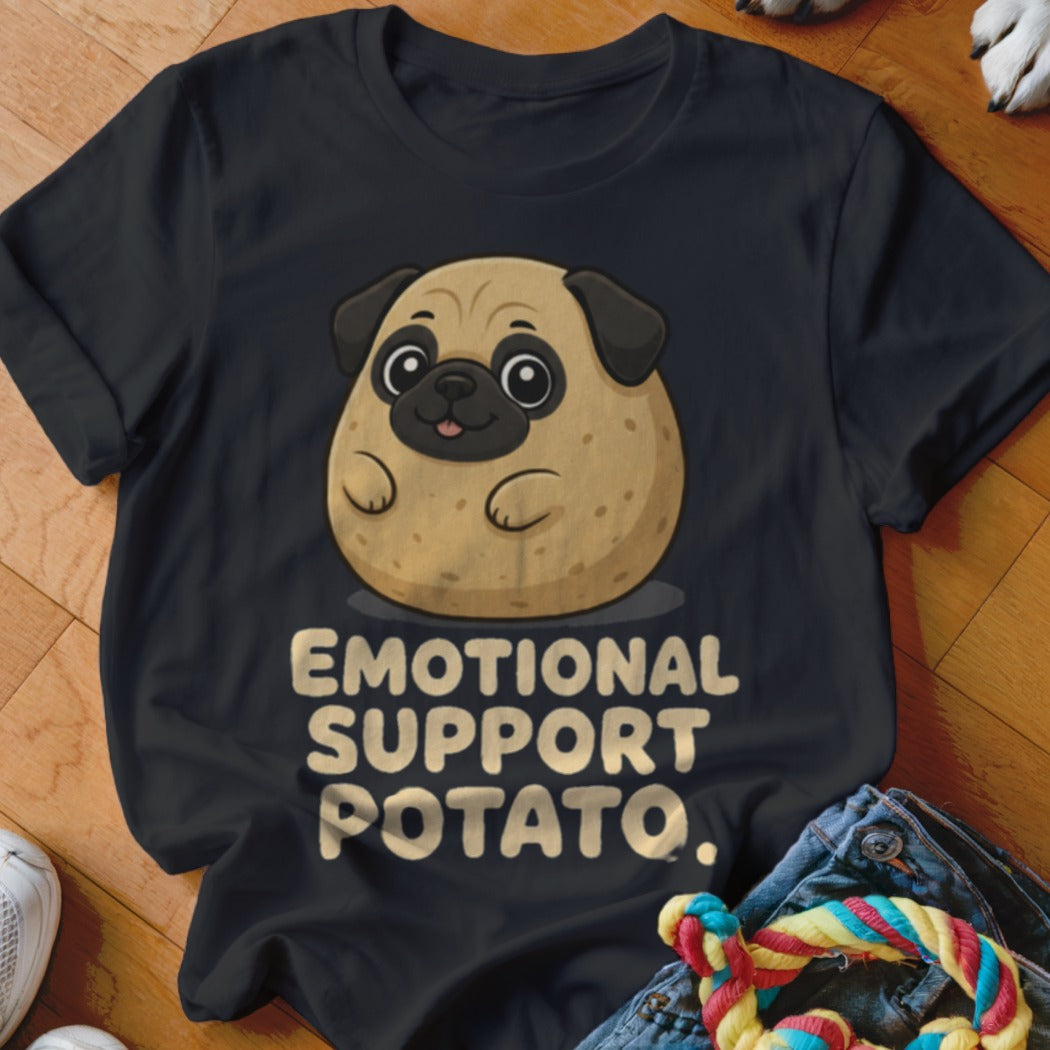 Black t-shirt with a pug potato graphic and "Emotional Support Potato" text.