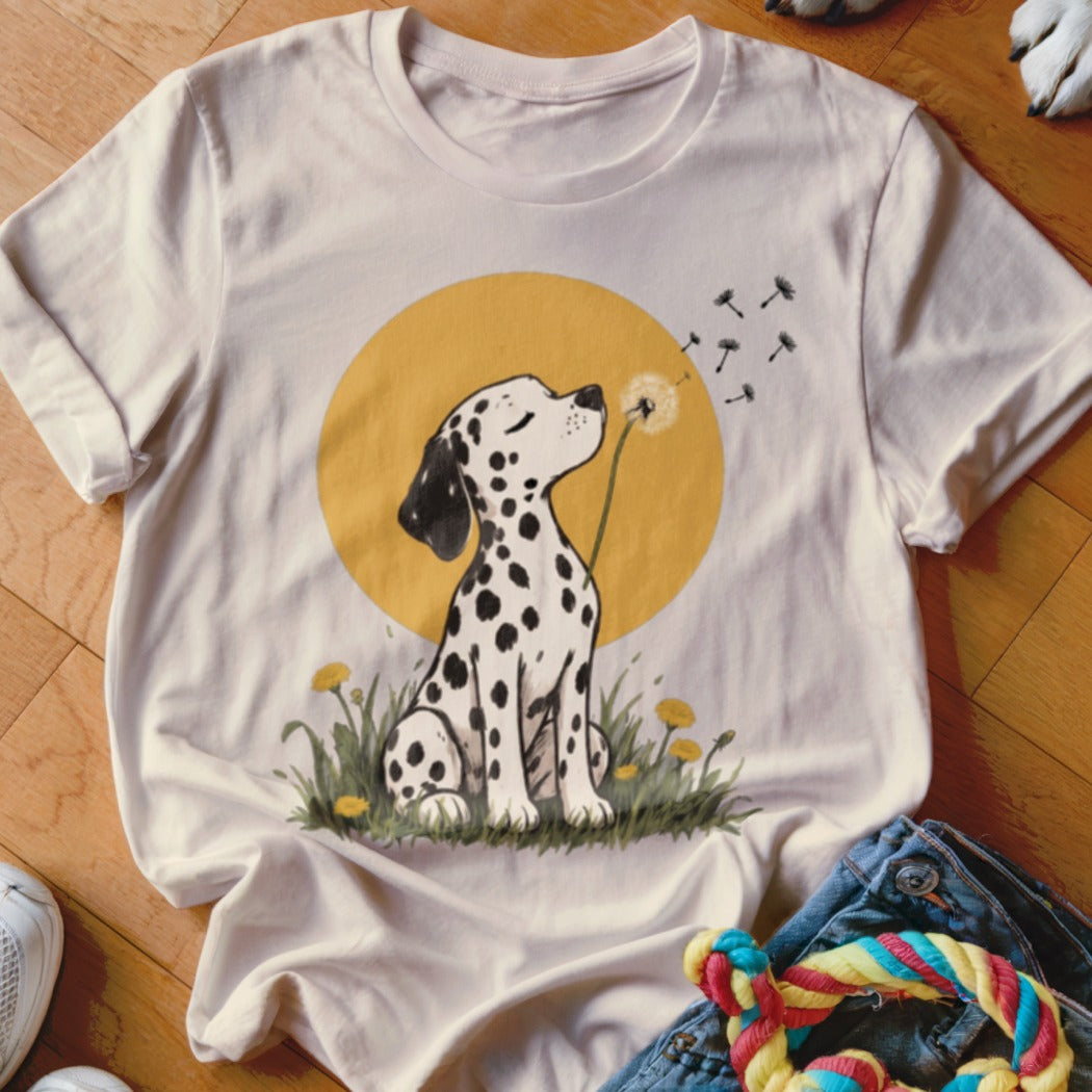 Off-white t-shirt featuring a graphic of a Dalmatian puppy sitting in grass and blowing dandelion seeds.