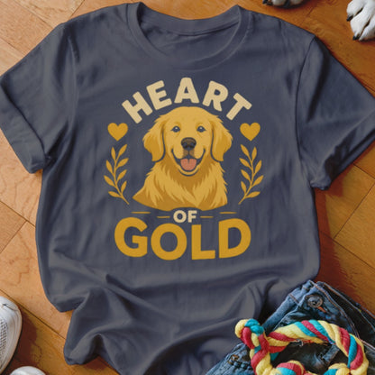 Dark grey t-shirt with illustration of a golden retriever and the text "Heart of Gold".