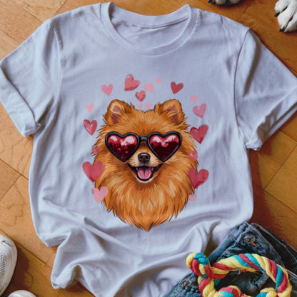 A white t-shirt featuring a graphic of a fluffy Pomeranian wearing heart-shaped sunglasses surrounded by pink hearts.