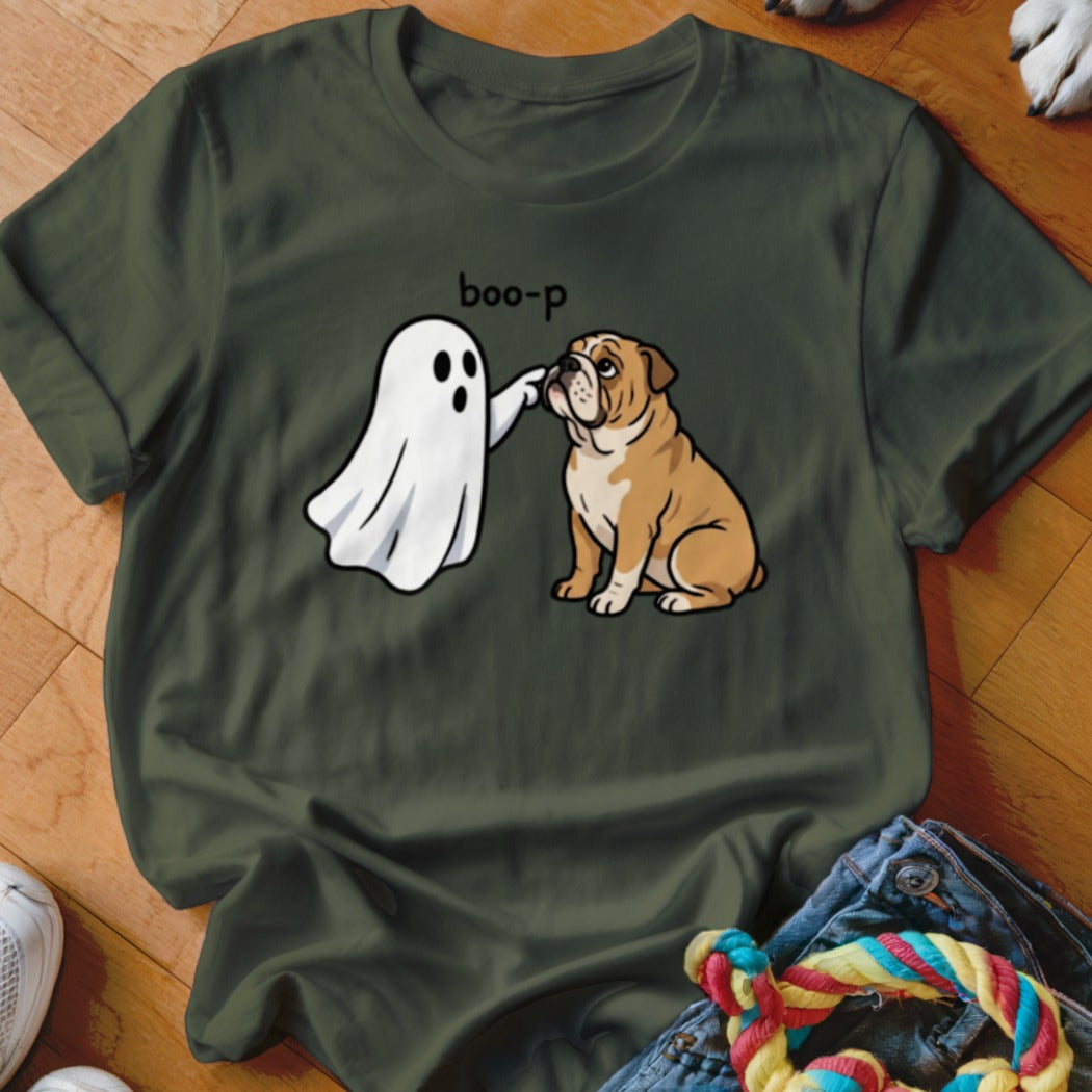 Ghost booping a bulldog with text "boo-p" on a green t-shirt.