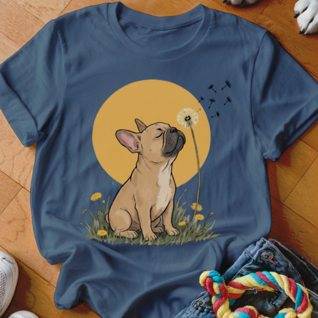 Dark blue crewneck t-shirt featuring a graphic of a fawn French bulldog blowing dandelion seeds against a yellow moon.