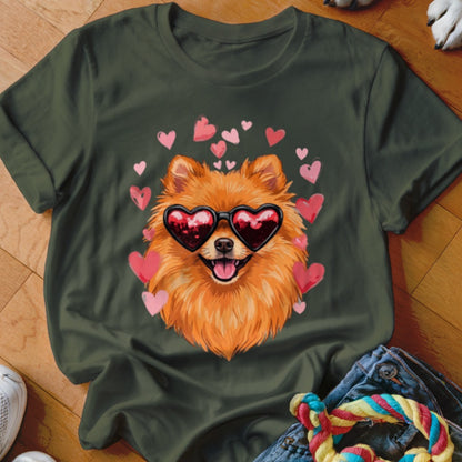 Dark green t-shirt featuring an illustration of a fluffy Pomeranian wearing heart-shaped sunglasses surrounded by pink hearts.