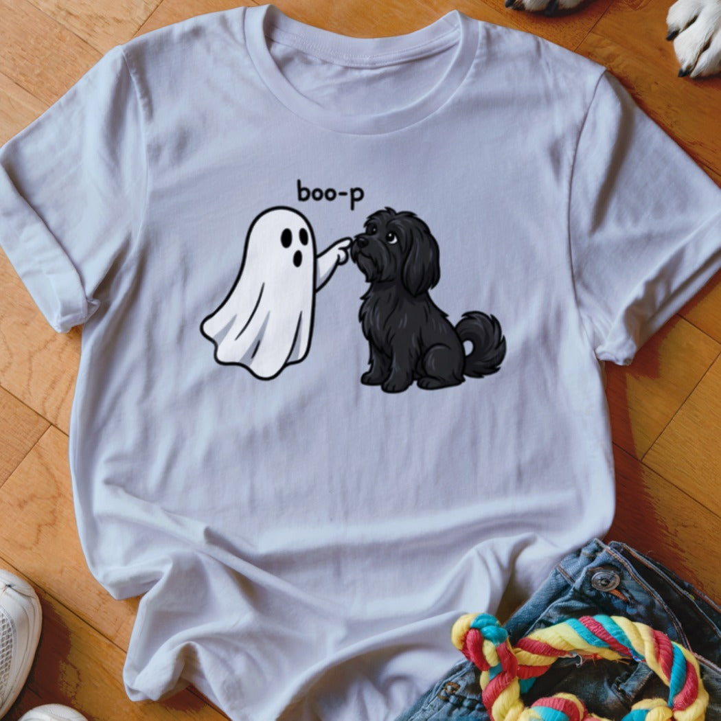 White t-shirt with cartoon ghost booping a black dog, text reads "boo-p".