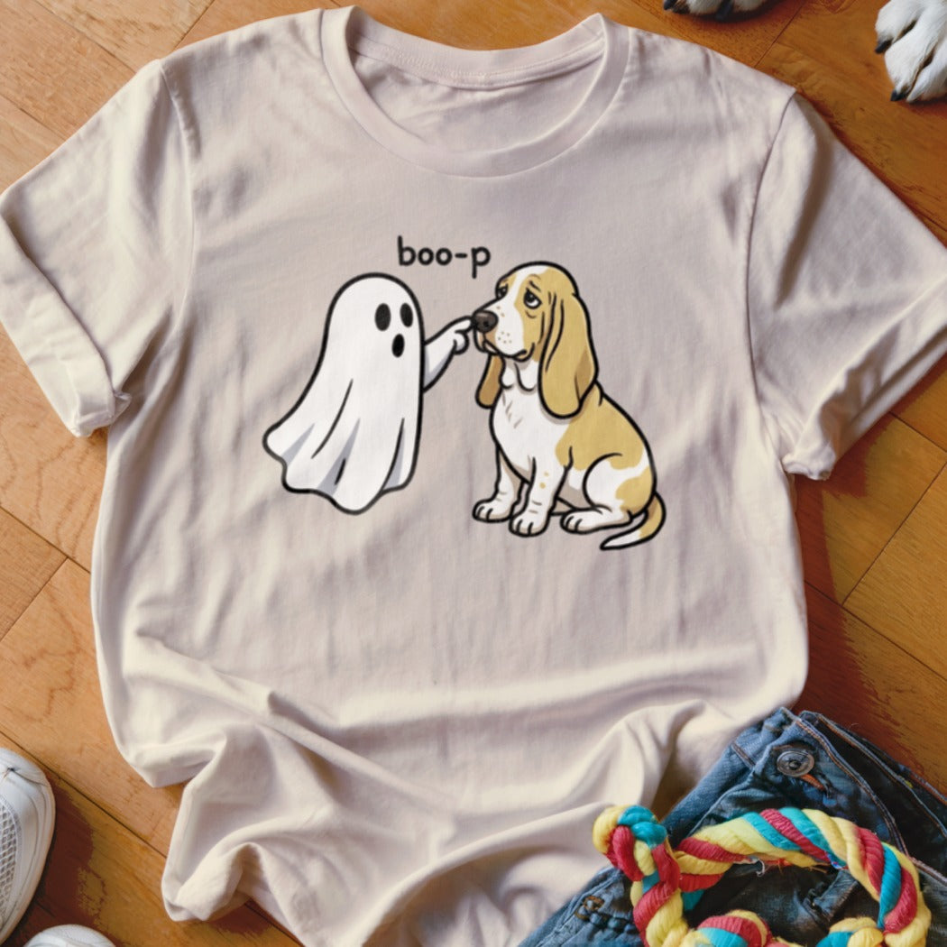 Ghost booping a sad Basset Hound with "boo-p" text.