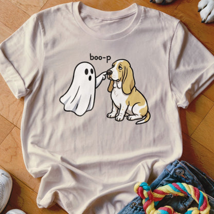 Ghost booping a sad Basset Hound with "boo-p" text.