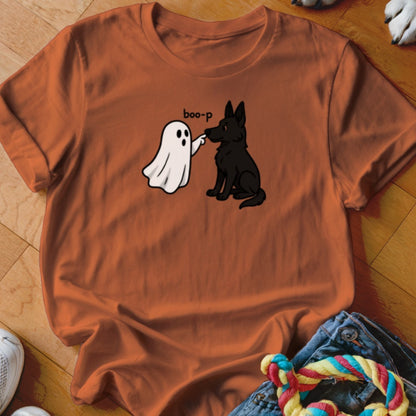 Orange t-shirt with ghost poking a black dog with "boo-p" text.