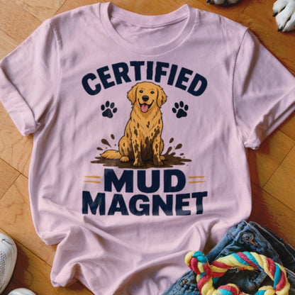 Pink t-shirt with a muddy golden retriever, paw prints, and text "Certified Mud Magnet."