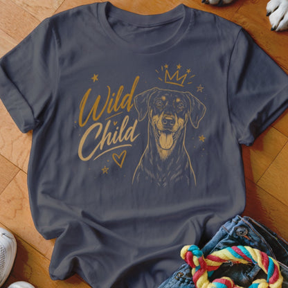 Dark t-shirt with dog graphic and "Wild Child" text.