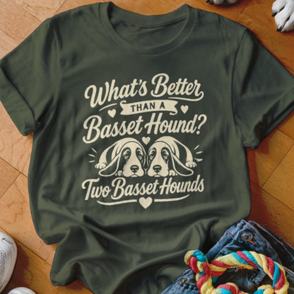 Green t-shirt with white text and graphics of two Basset Hounds.
