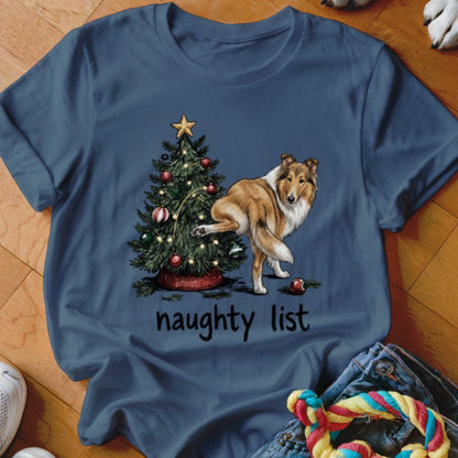 Collie dog lifting leg on Christmas tree with "naughty list" text below.