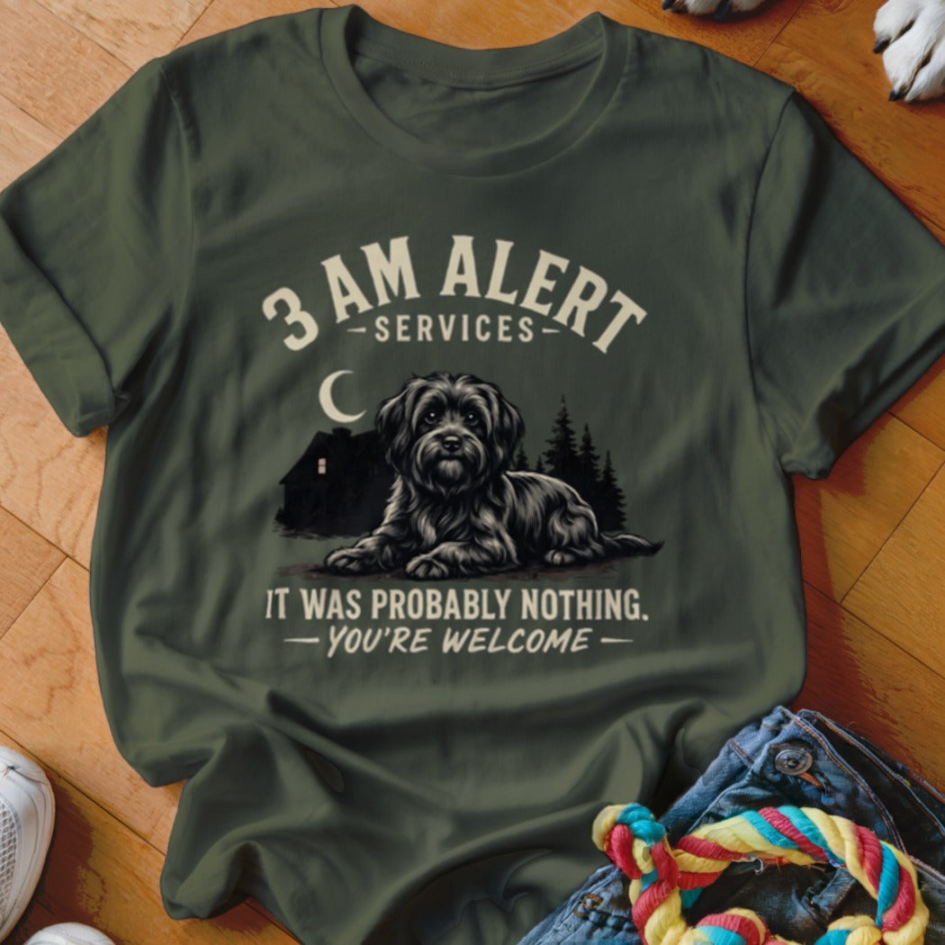 Dog lying down with text "3 AM ALERT SERVICES IT WAS PROBABLY NOTHING. -YOU'RE WELCOME-".