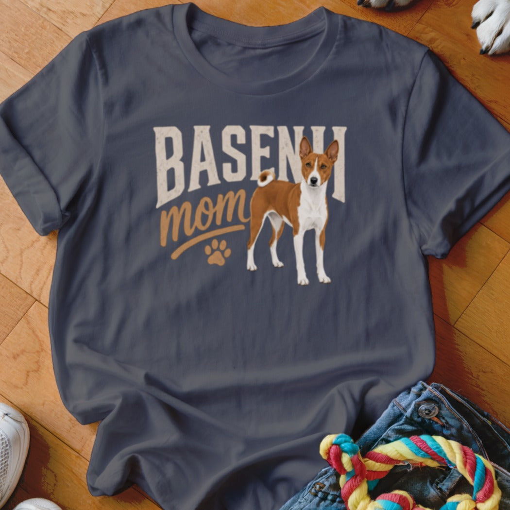 Basenji mom graphic with a dog and paw print on a t-shirt.