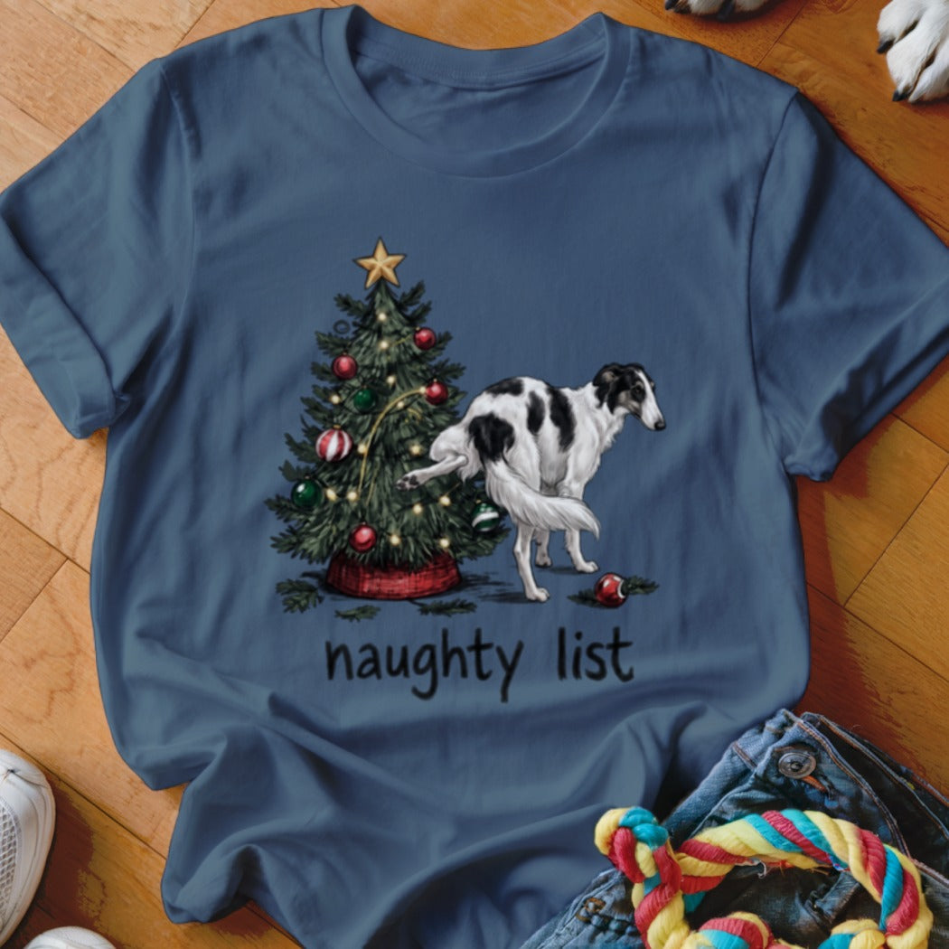 Blue t-shirt featuring a Borzoi dog urinating on a Christmas tree with the text naughty list.