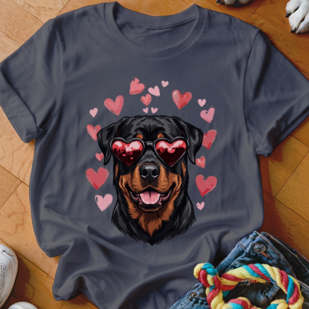 Dark gray t-shirt featuring a graphic of a Rottweiler wearing heart-shaped sunglasses surrounded by pink hearts.