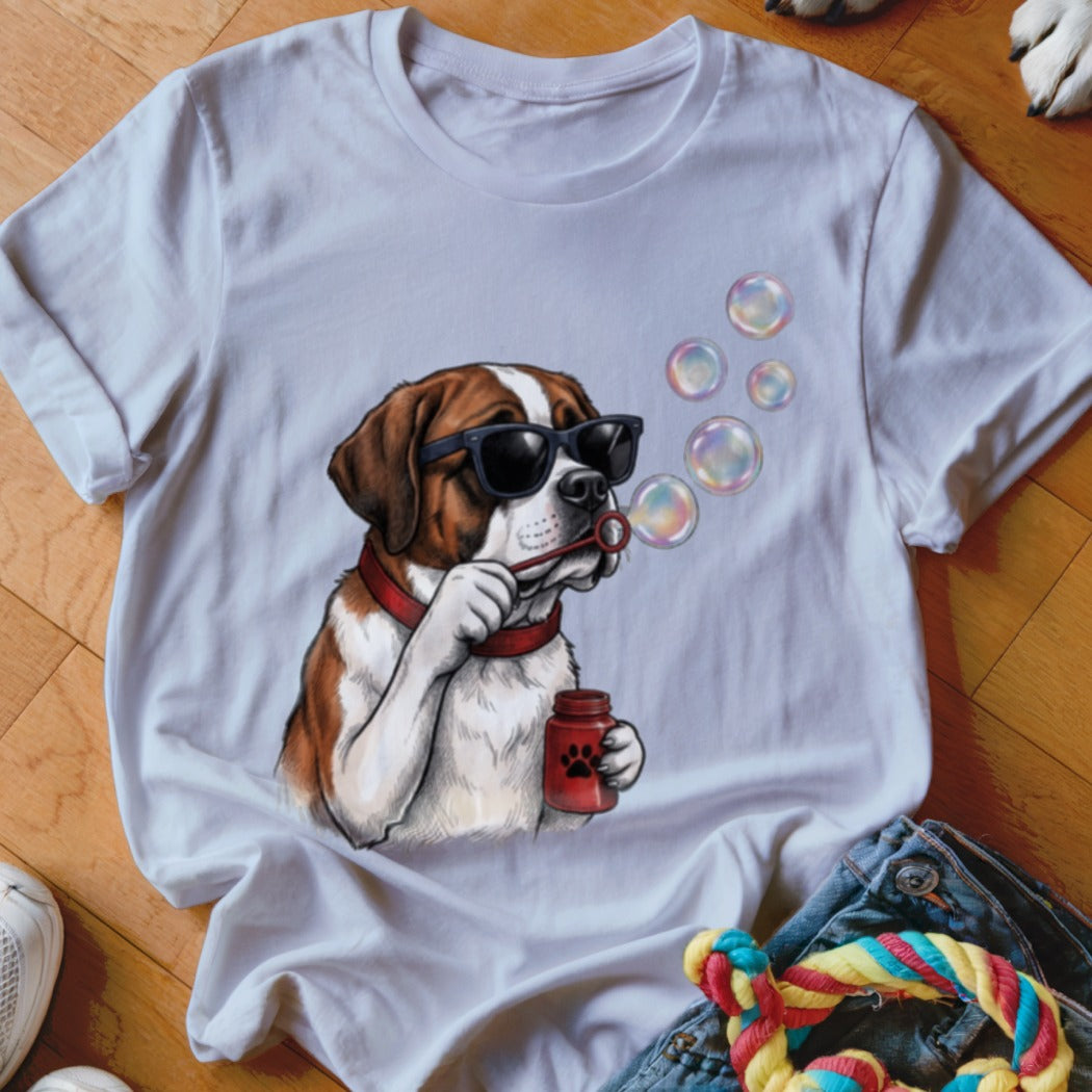 A white crewneck t-shirt featuring an illustration of a Saint Bernard dog blowing bubbles.