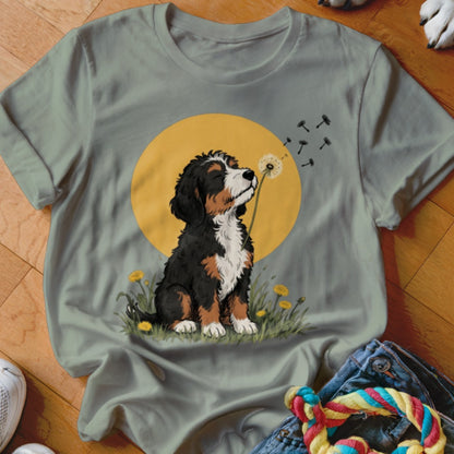 Sage green t-shirt featuring an illustrated Bernese Mountain Dog blowing dandelion seeds against a yellow circle.