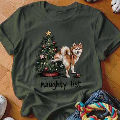 Green t-shirt with a husky next to a Christmas tree and text "naughty list".