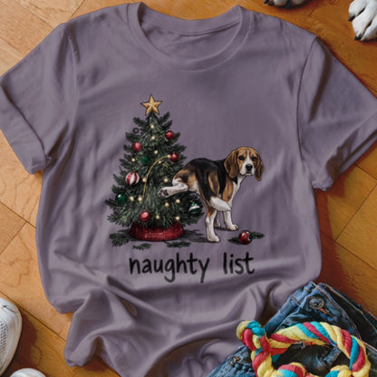 Beagle dog by Christmas tree with text "naughty list".