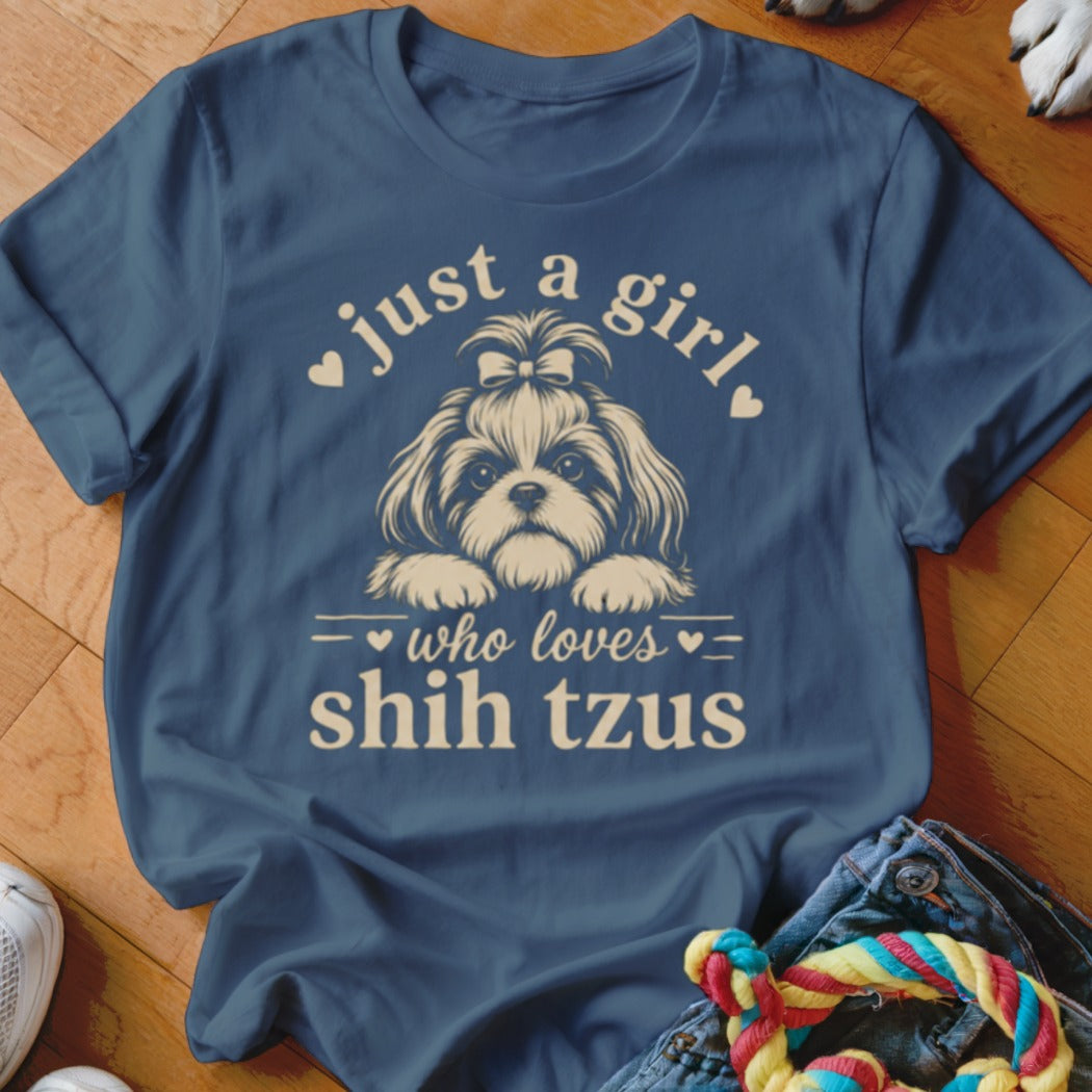 Navy t-shirt with illustration of a shih tzu and text "just a girl who loves shih tzus".