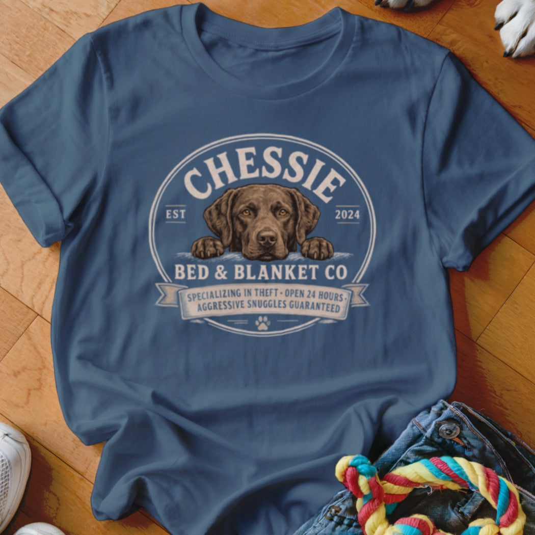 Chessie Bed & Blanket Co. t-shirt with dog graphic and text.