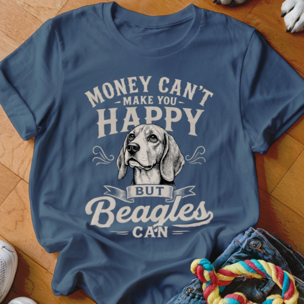 Blue t-shirt with "Money Can't Make You Happy But Beagles Can" and beagle graphic.