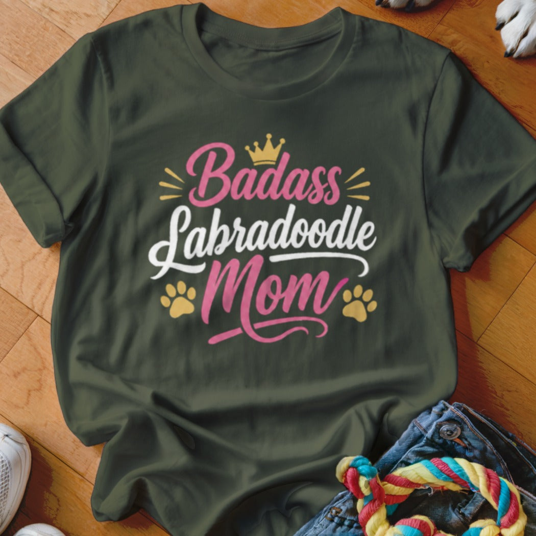 Green t-shirt with "Badass Labradoodle Mom" text and paw prints.