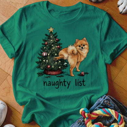Pomeranian dog by Christmas tree with "naughty list" text.