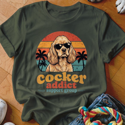 A dark green t-shirt featuring a Cocker Spaniel wearing sunglasses against a sunset and palm tree graphic.